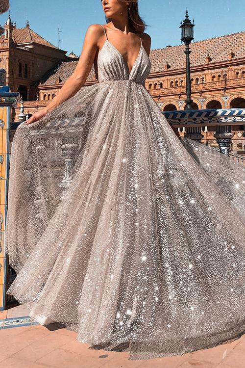 Sparkly Plunge Sequin Mesh Overlay Long Backless Prom Gown Dresses on sale - SOUISEE