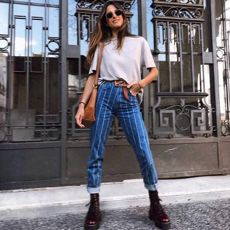 Casual Slimming Cuffed High Waisted Vertical Striped Skinny Jeans on sale - SOUISEE