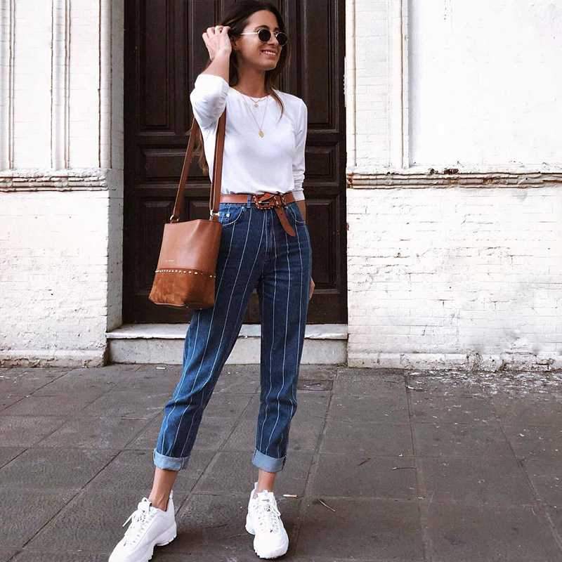 Casual Slimming Cuffed High Waisted Vertical Striped Skinny Jeans on sale - SOUISEE