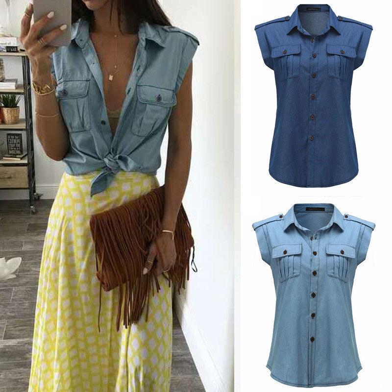 Casual Button Up Sleeveless Denim Shirt Blouses on sale - SOUISEE