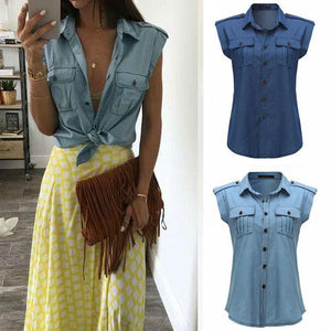 Casual Button Up Sleeveless Denim Shirt Blouses on sale - SOUISEE