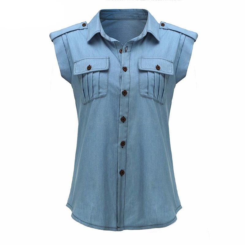 Casual Button Up Sleeveless Denim Shirt Blouses on sale - SOUISEE