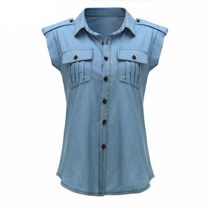 Casual Button Up Sleeveless Denim Shirt Blouses on sale - SOUISEE
