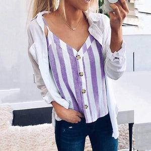 Patchwork Striped V Neck Button Up Cami Top on sale - SOUISEE
