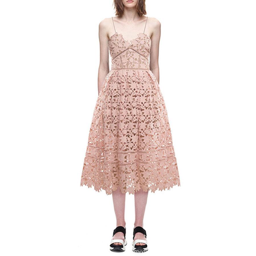Scalloped Hem 3D Floral Guipure Embroidery Mesh Fit And Flare Midi Dress on sale - SOUISEE