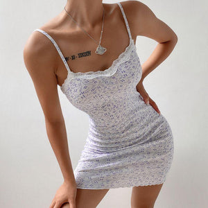 Nice Ribbed White Lace Trim Floral Print Dress With Ruffles on sale - SOUISEE