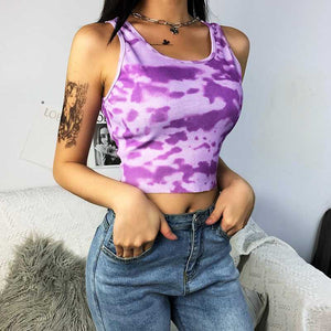 Popular Ribbed U Neck Bleach Tie Dye Cropped Tank Tops Sleeveless on sale - SOUISEE