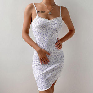 Nice Ribbed White Lace Trim Floral Print Dress With Ruffles on sale - SOUISEE