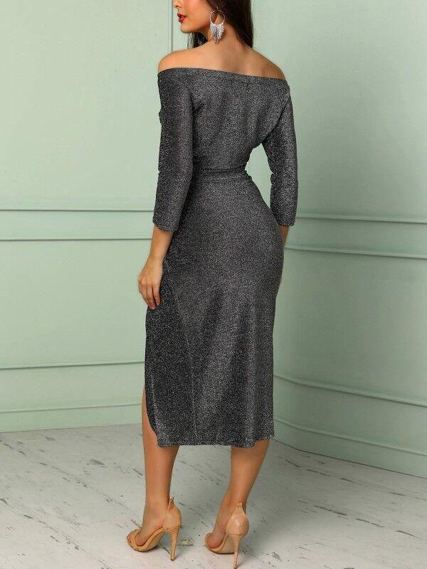 Glitter Half Sleeve High Waisted Off The Shoulder Split Dress on sale - SOUISEE