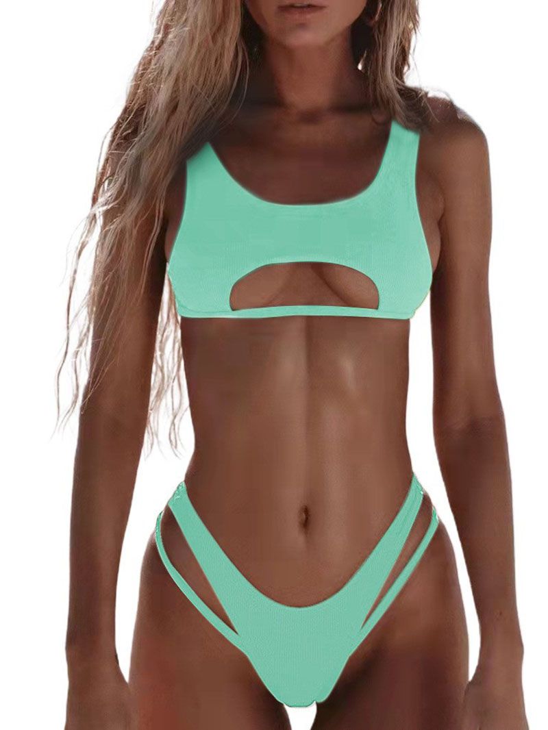 Sexy Ribbed Upside Down Cut Out Crop Top Bikini Set