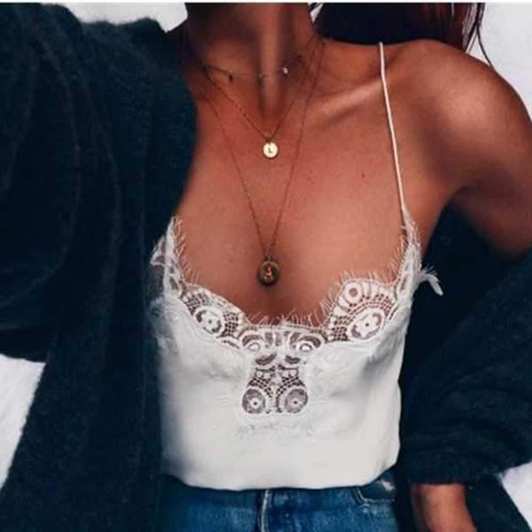 Spaghetti Straps Lace Trim Swing Cami Tank Top on sale - SOUISEE