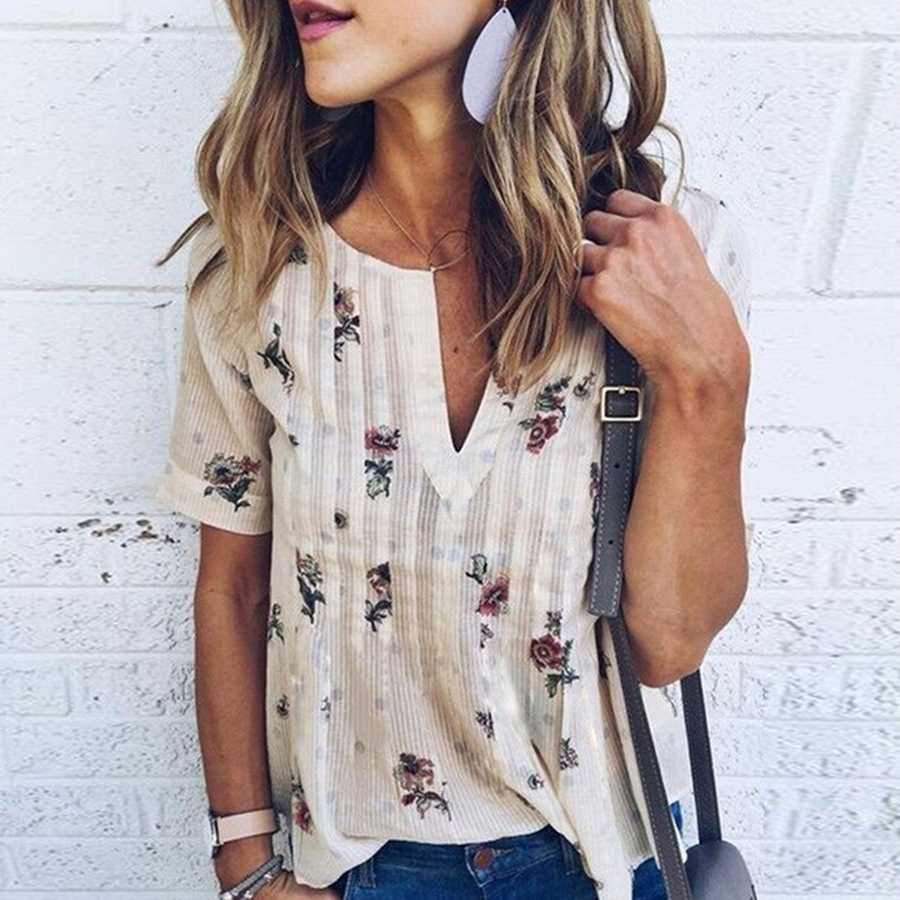 Floral Striped Deep V Neck Casual Blouse on sale - SOUISEE