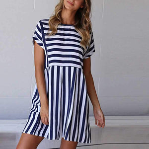 Slimming High Waisted Striped Short Sleeve Swing Dress on sale - SOUISEE