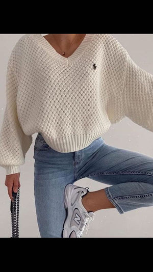 Chunky V Neck Waffle Knit Jumper Sweater For Ladies on sale - SOUISEE