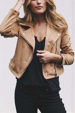 Large Lapel Collar Casual Moto Jacket Zip Up Coat on sale - SOUISEE