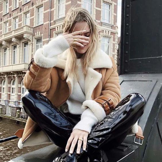 Faux Fur Lined Leather Shearling Moto Jacket on sale - SOUISEE