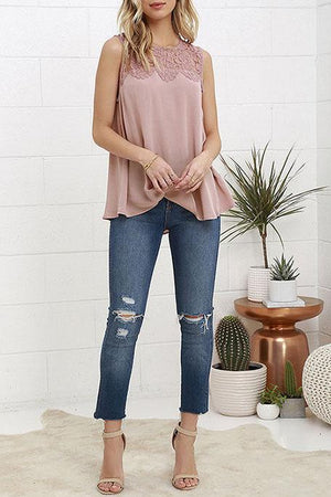 Casual Round Neck Lace Tank Top Tee Shirts Sleeveless on sale - SOUISEE