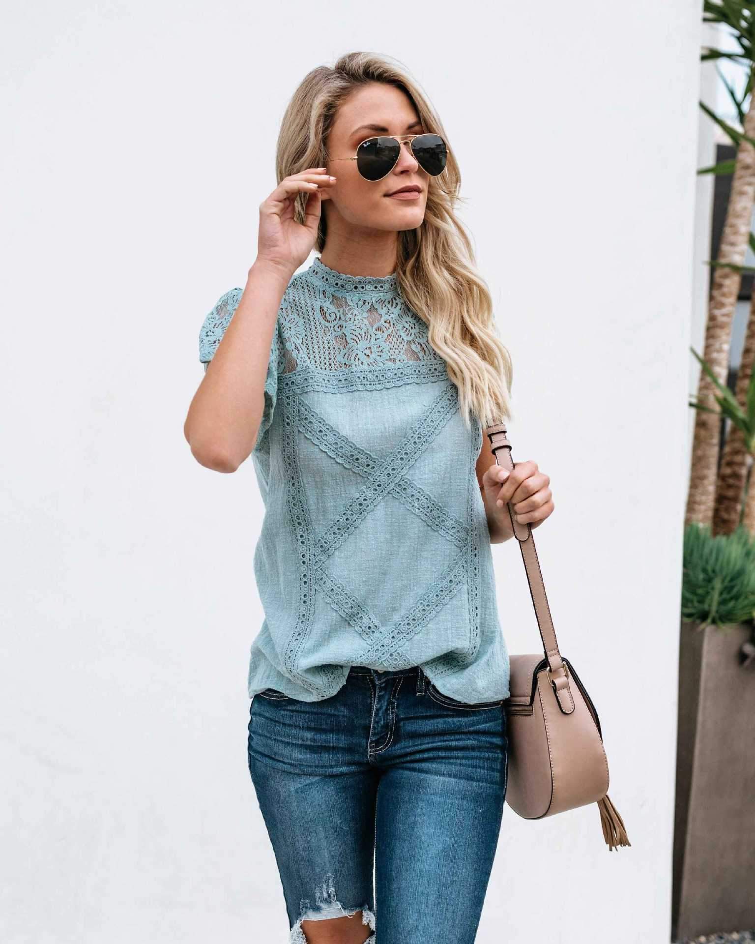 Cute Boho Chic Short Sleeve Lace Shoulder Blouse Shirts on sale - SOUISEE