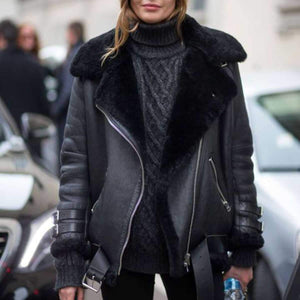 Faux Fur Lined Leather Shearling Moto Jacket on sale - SOUISEE