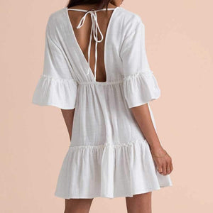 Deep V Back White Lantern Sleeve Frill Dress With Ruffles At Bottom on sale - SOUISEE