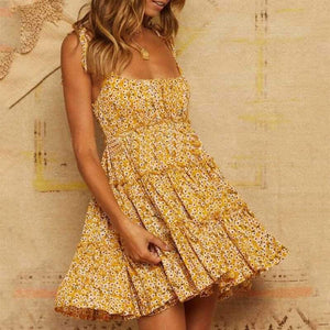 Mustard Yellow Floral Tie Shoulder Ruffle Dress With Frills at bottom on sale - SOUISEE