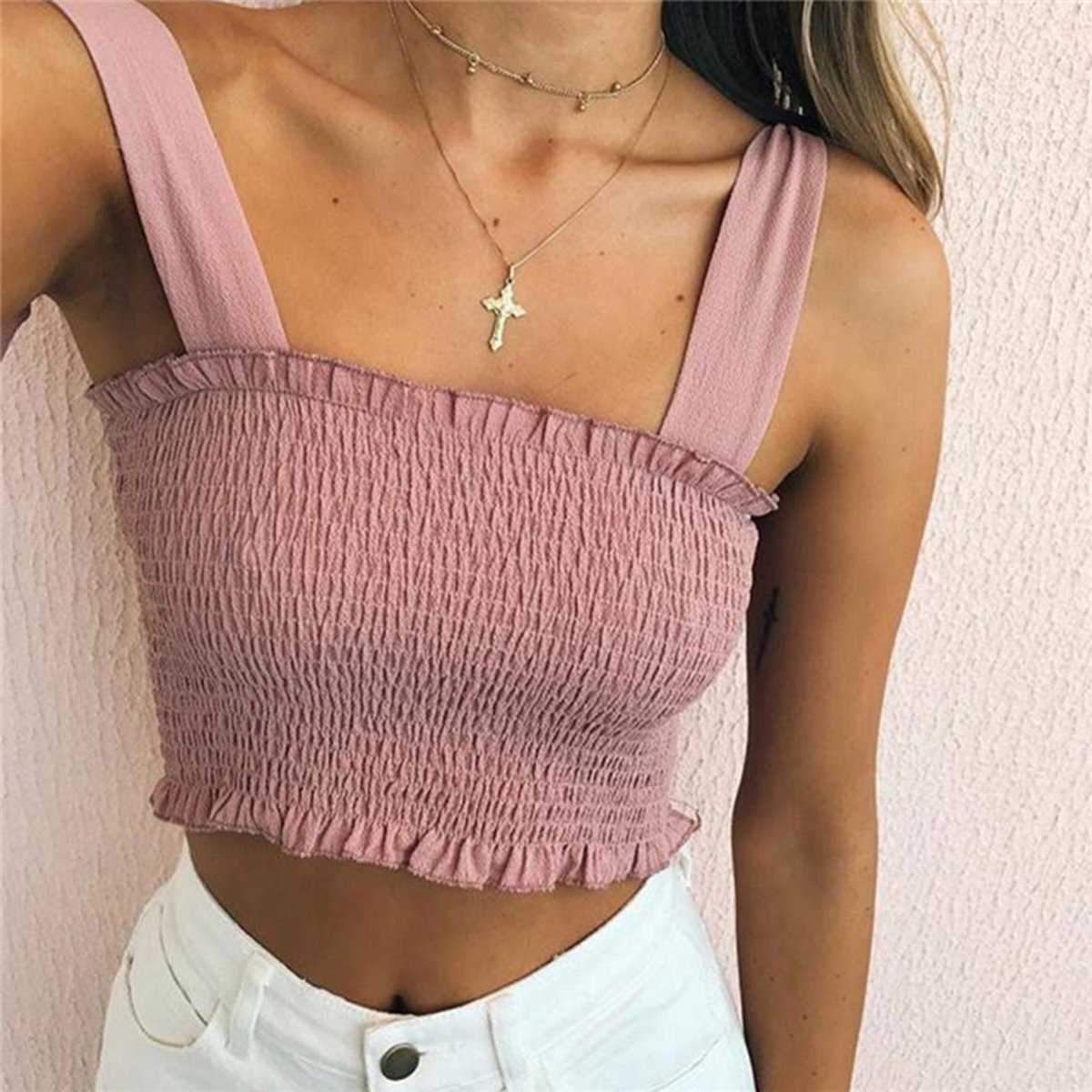Curved Hem Trimmed Scrunch Tie Up Shoulder Ruched Crop Top Tanks on sale - SOUISEE