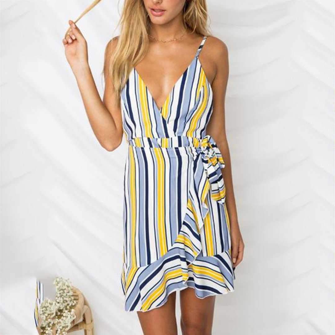 Colorful Striped Tie Waist Frill Wrap Short Ruffle Dress on sale - SOUISEE