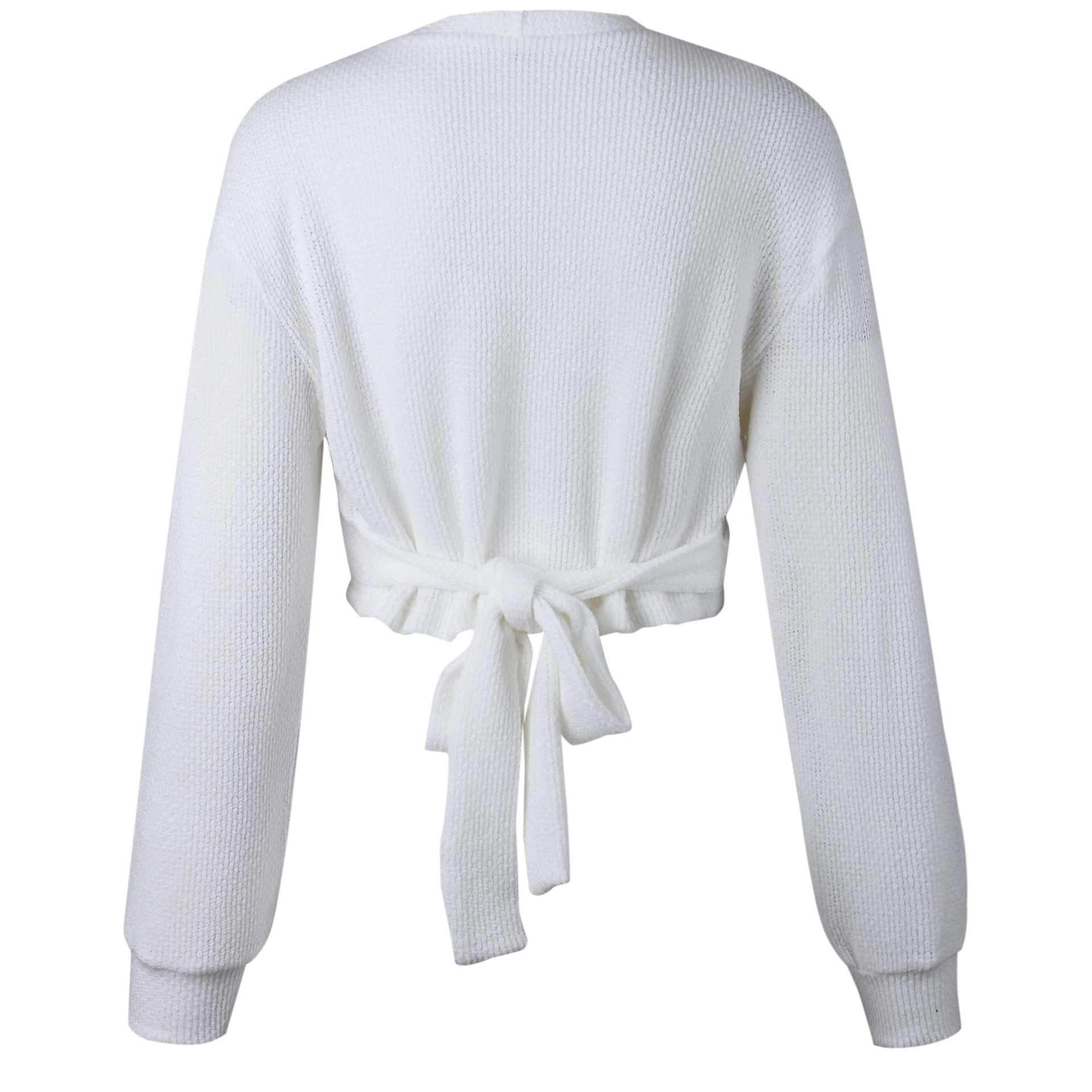 Oversized Tie Back Knitted Wrap Front Sweater Crop Tops on sale - SOUISEE
