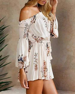 Boho Front Tie Waist Off Shoulder Floral Romper Dress on sale - SOUISEE