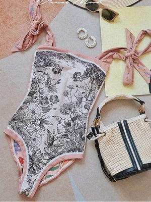 Reversible Tie Up Floral One Piece Swimsuits With Tummy Control Long Torso Bathing Suits