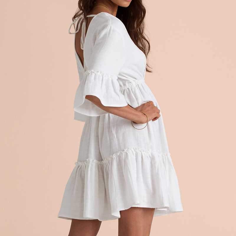 Deep V Back White Lantern Sleeve Frill Dress With Ruffles At Bottom on sale - SOUISEE
