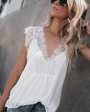 Two Piece Deep V Neck Sleeveless Lace Tank Top on sale - SOUISEE
