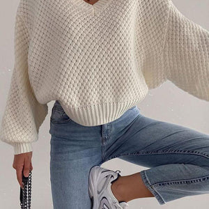 Chunky V Neck Waffle Knit Jumper Sweater For Ladies on sale - SOUISEE