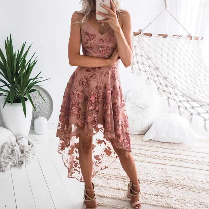 Floral Embroidery Mesh Lace High Low Dress on sale - SOUISEE