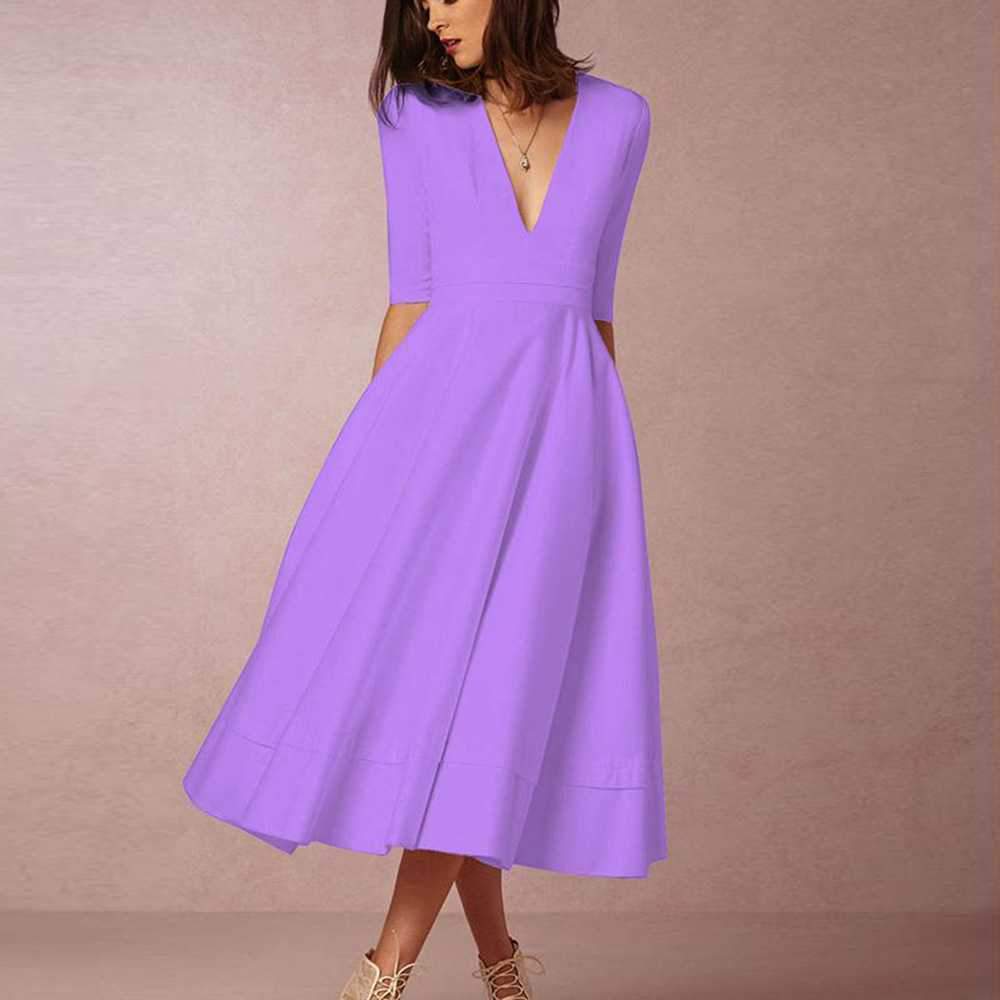Classy Plunge Neckline Flowy Midi Work Dress on sale - SOUISEE