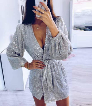 Glitter Deep V Neck Tie Waist Long Sleeve Sparkly Dress on sale - SOUISEE
