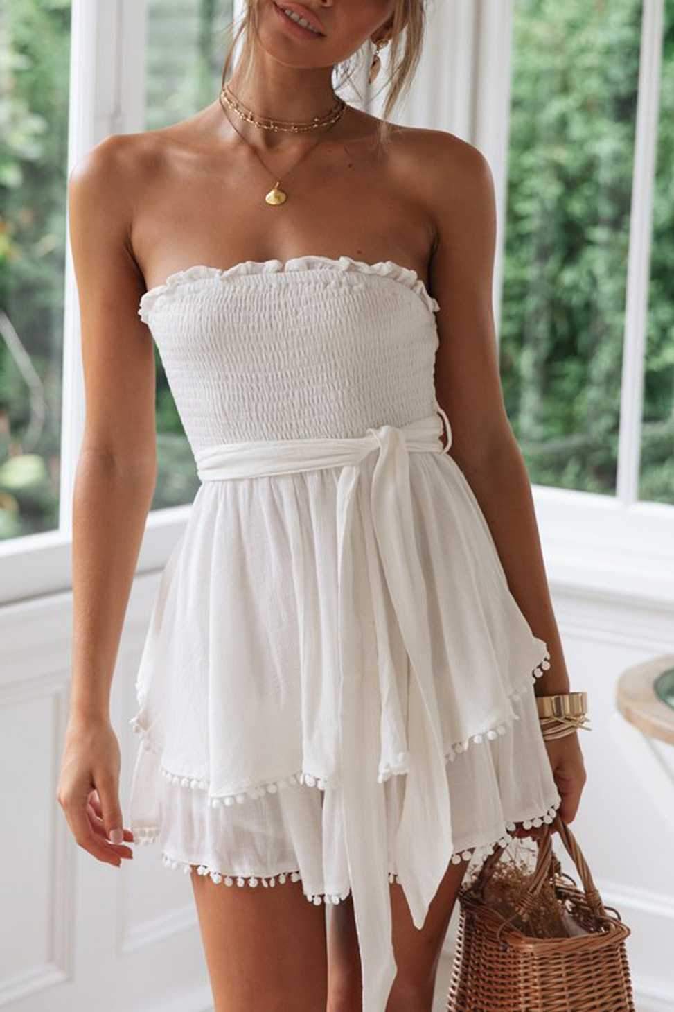Tie Waist Smocked Pompom Trimed Layered Strapless Romper Shorts Bandeau Playsuits on sale - SOUISEE