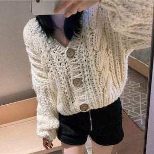 Hand Knitted Braid Chunky Cable Knit V Neck Button Crop Cardigan Sweater on sale - SOUISEE