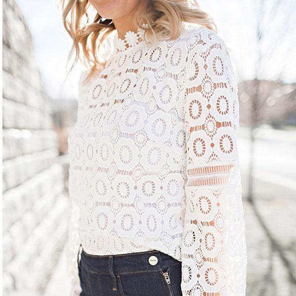 Sheer Mesh White Crochet Eyelet Lace Blouse Top on sale - SOUISEE