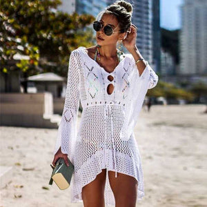 Boho High Low Puff Sleeve Crochet Beach Dress Swim Cover Ups on sale - SOUISEE