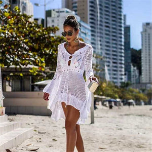 Boho High Low Puff Sleeve Crochet Beach Dress Swim Cover Ups on sale - SOUISEE