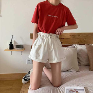 Boyfriend High Waisted Cuffed Paperbag Waist Denim Shorts on sale - SOUISEE