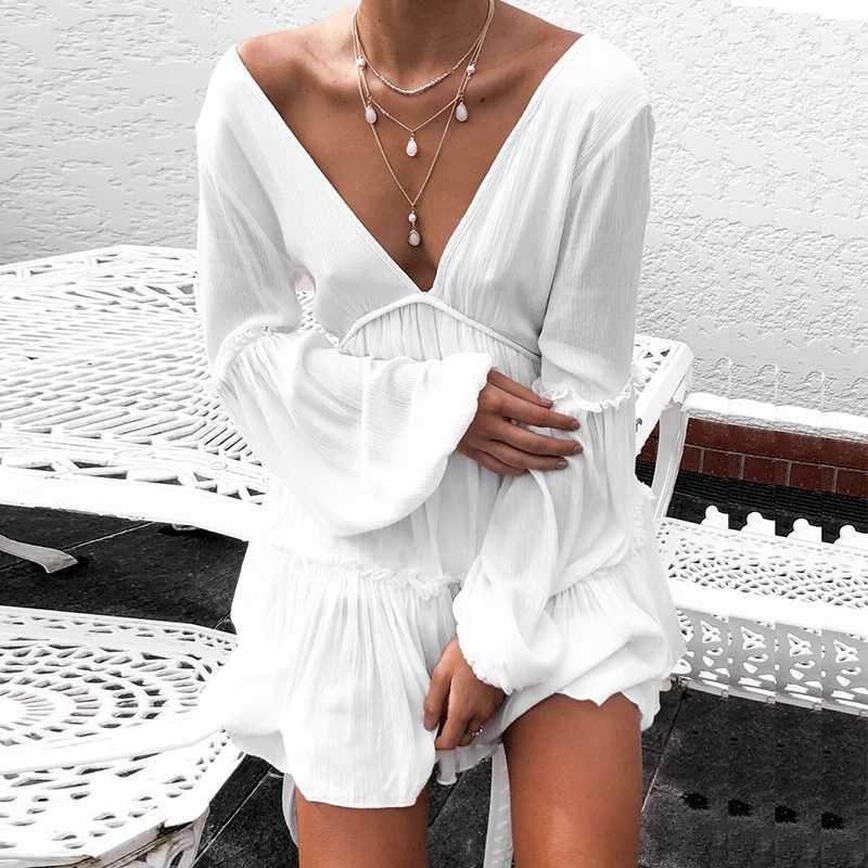 Casual Ruffle Trimmed Long Puff Sleeve V Cut Out Back V Neck Dress on sale - SOUISEE