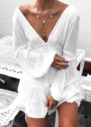 Casual Ruffle Trimmed Long Puff Sleeve V Cut Out Back V Neck Dress on sale - SOUISEE