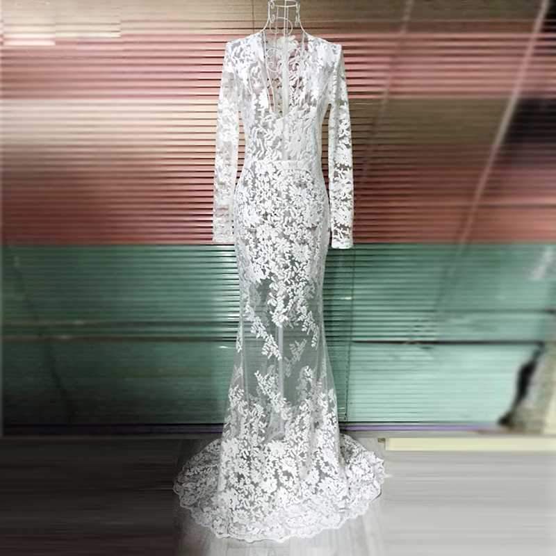 White Lace Embroidered Sheer Mesh Mermaild Formal Gowns Dress on sale - SOUISEE