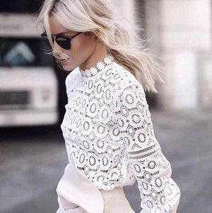 Sheer Mesh White Crochet Eyelet Lace Blouse Top on sale - SOUISEE