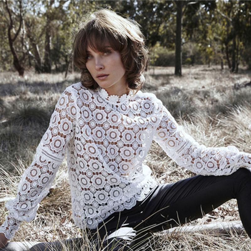 Sheer Mesh White Crochet Eyelet Lace Blouse Top on sale - SOUISEE
