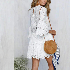 Casual Scalloped Trim Hemline Eyelet Lace Swing Dress on sale - SOUISEE
