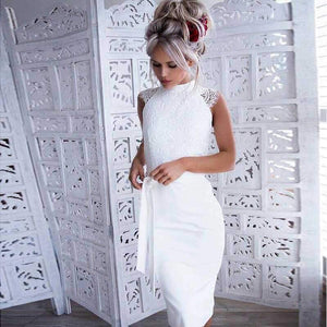 Classy High Neck Tie Waist White Lace Overlay Sheath Dress on sale - SOUISEE