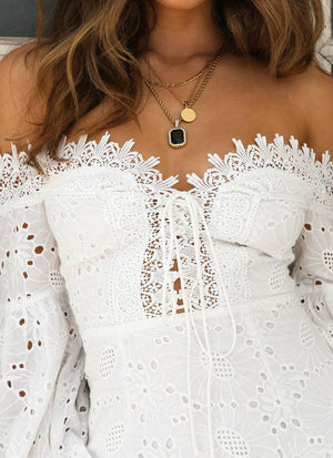 Eyelet Cotton Front Lace Up Off The Shoulder Bodycon Dress on sale - SOUISEE